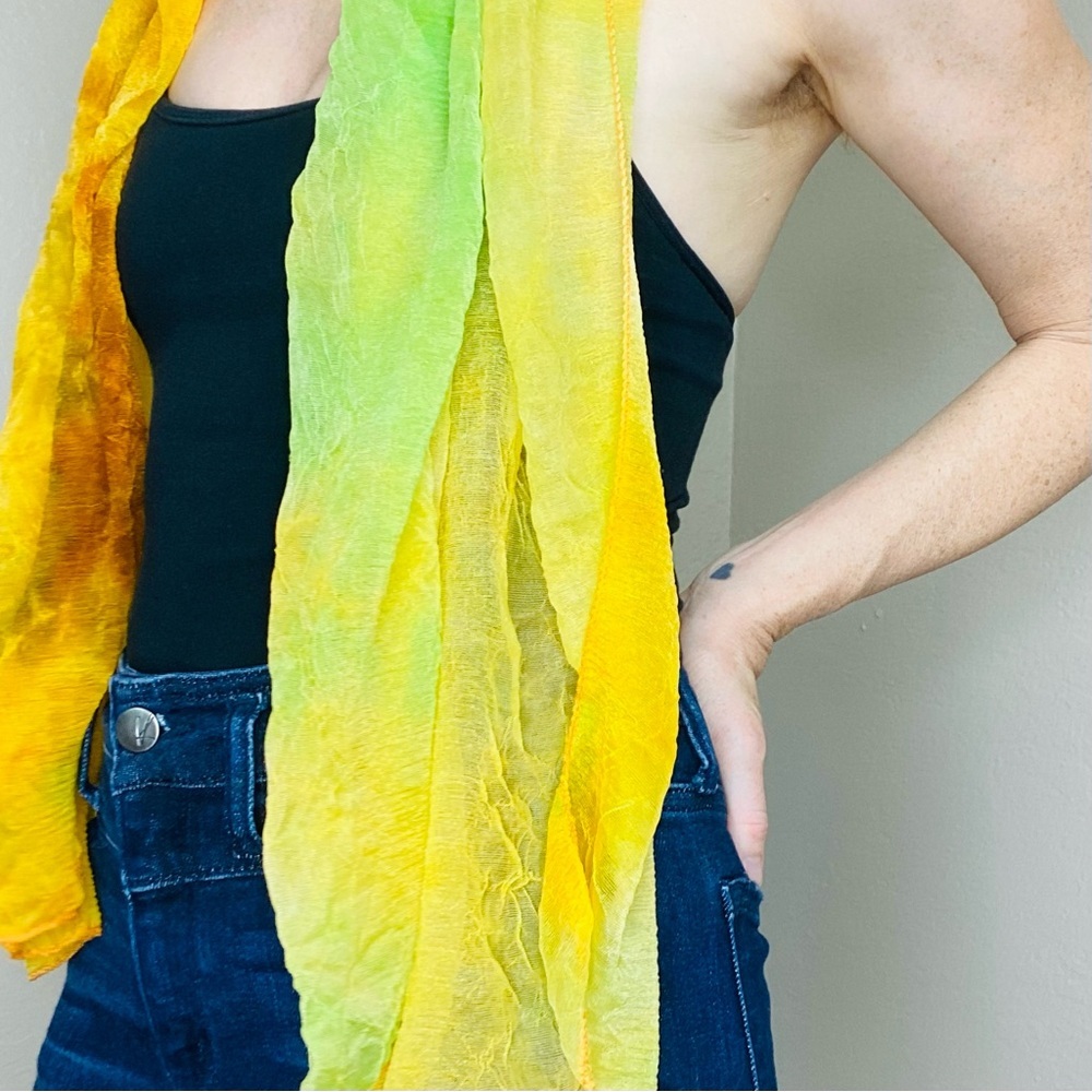Hippie Yellow, Orange Tie Dye Small Light Sheer Neck Scarf - Picture 4 of 6